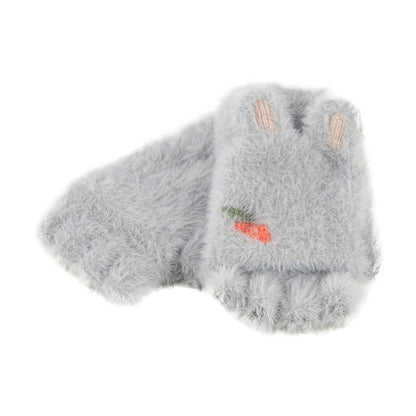 Kids light gray fuzzy knitted half-finger gloves with carrot patch and striped details