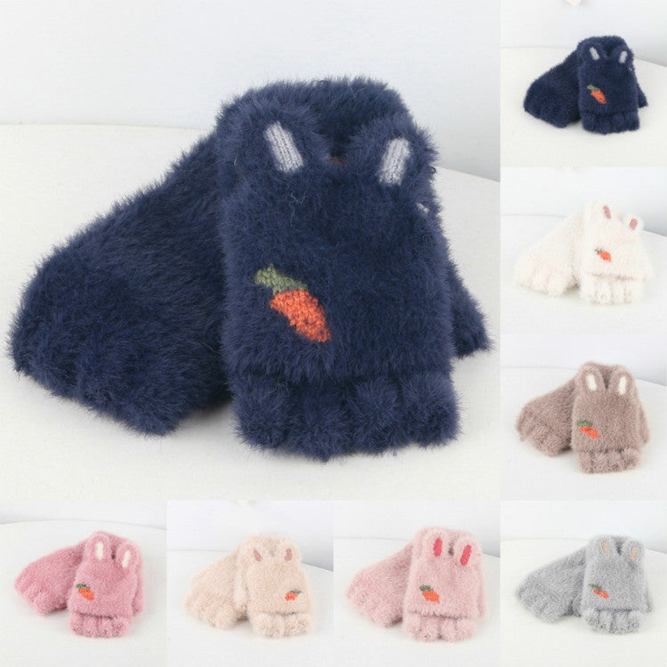 Kids dark navy fuzzy knitted half-finger gloves with carrot patch and small striped accents