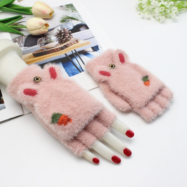 Kids light pink fuzzy knitted half-finger gloves with carrot patch and red/green accents