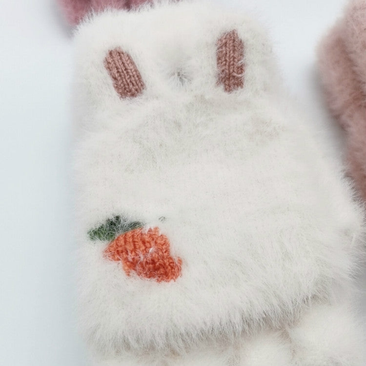 Kids off-white fuzzy knitted half-finger gloves with brown stripes and orange carrot motif