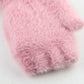 Kids light pink fuzzy knitted half-finger gloves with plush knit texture and finger openings