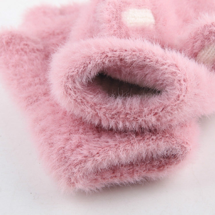 Kids light pink knitted half-finger gloves with plush cuff and visible thumb opening