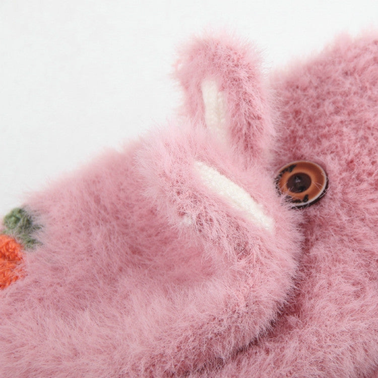Kids light pink fuzzy half-finger gloves with carrot patch and button-like eye detail