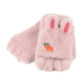 Kids light pink knitted fingerless half gloves with carrot patch and red stripe accents