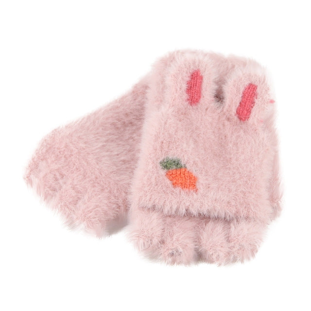 Kids light pink knitted fingerless half gloves with carrot patch and red stripe accents