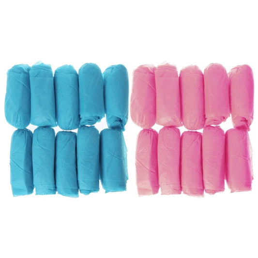 Disposable non-woven shoe covers in blue and pink, rolled bundle set