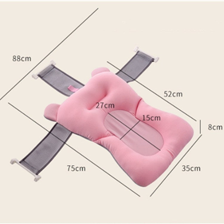 Baby bath mat with pocket-style insert and non-slip straps, pink (measures shown)