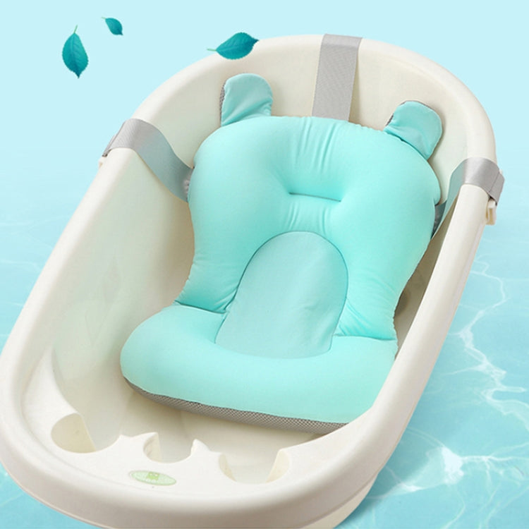 Baby bath mat with pocket-style insert, padded head support, light teal