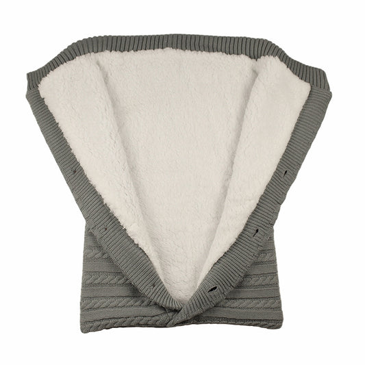 Newborn knitted cotton sleeping bag in dark grey with white fleece lining and envelope flap