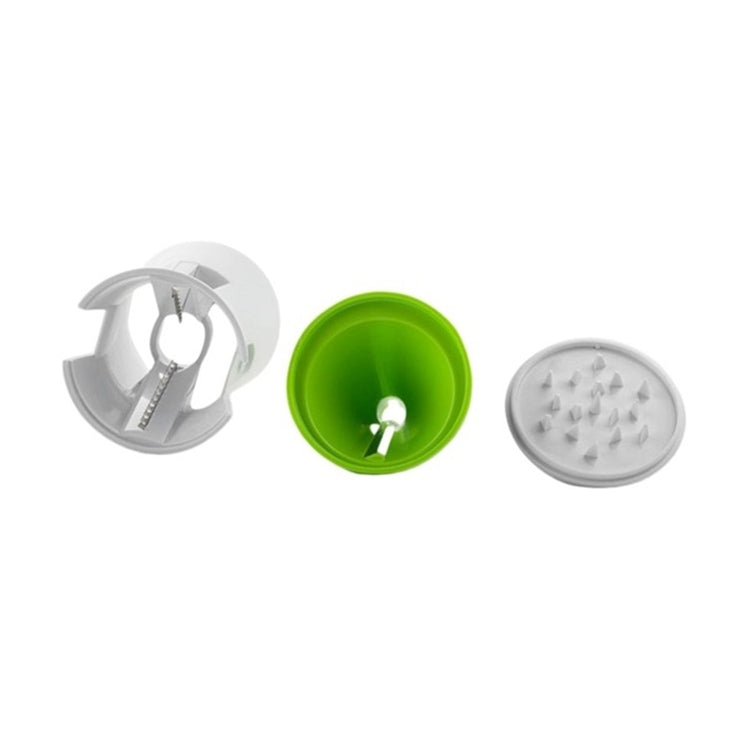 Spiral grater base with three interchangeable round cutting discs, white and green.