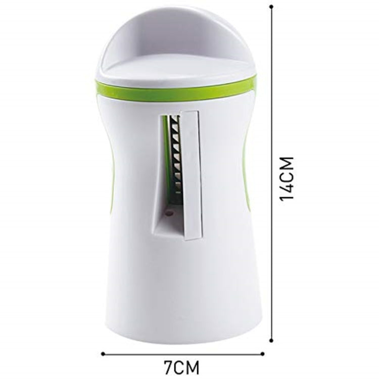White and green spiral grater with front cutting slot and top opening, size marked.