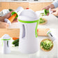 Kitchen countertop scene with multiple hands using the white and green spiral grater.