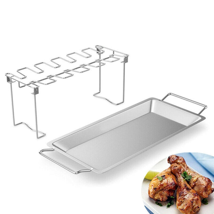 Stainless steel barbecue wing rack with drip tray and U-shaped legs