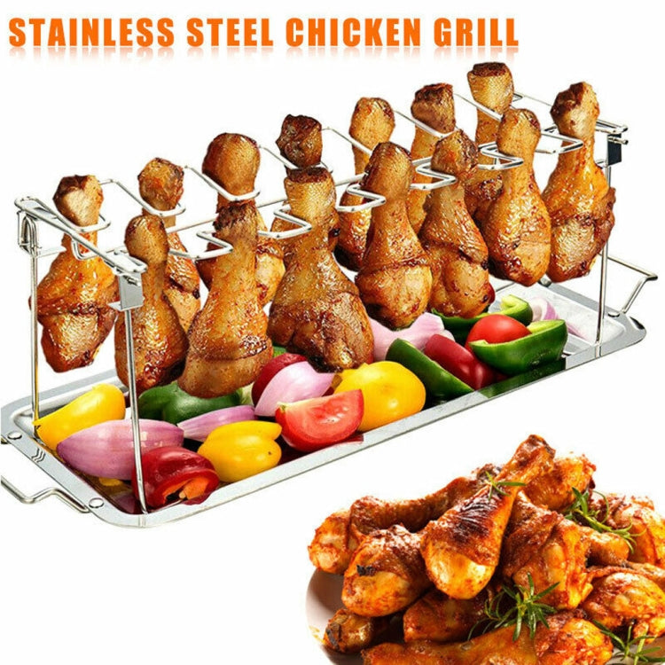 Stainless steel chicken grill rack holding wings over a drip tray