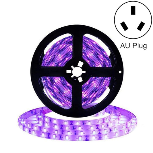 Purple UV LED light strip on black reel with AU plug icon, flexible glow tape