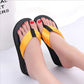 Orange wedge flip-flops showing black toe straps and cushioned footbed