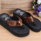 Sequin wedge flip-flop sandals with copper-brown sequin strap and black thong sole