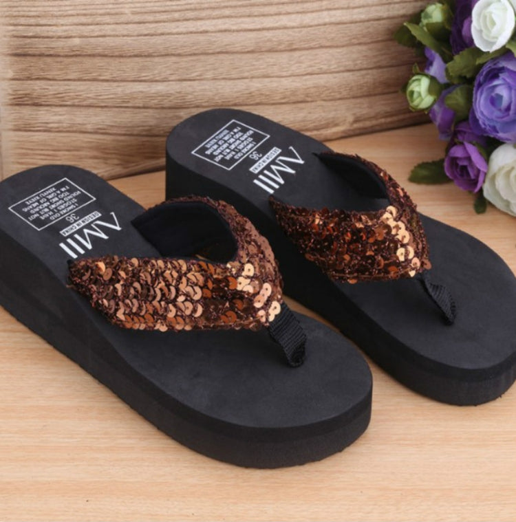 Sequin wedge flip-flop sandals with copper-brown sequin strap and black thong sole