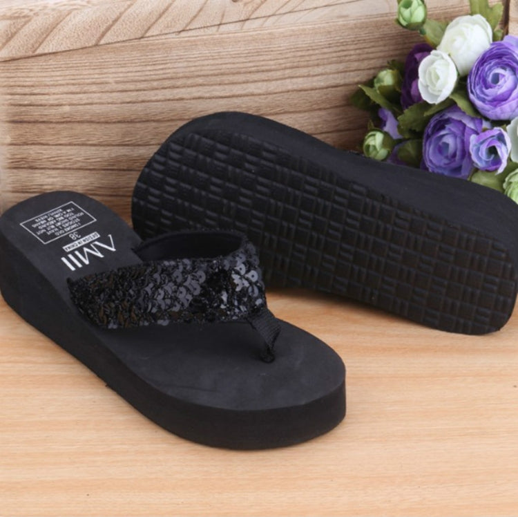 Black sequin wedge flip-flops, thong sandals with textured platform sole