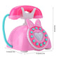 Pink retro telephone toy with heart dial and teal numbered buttons, side and front view