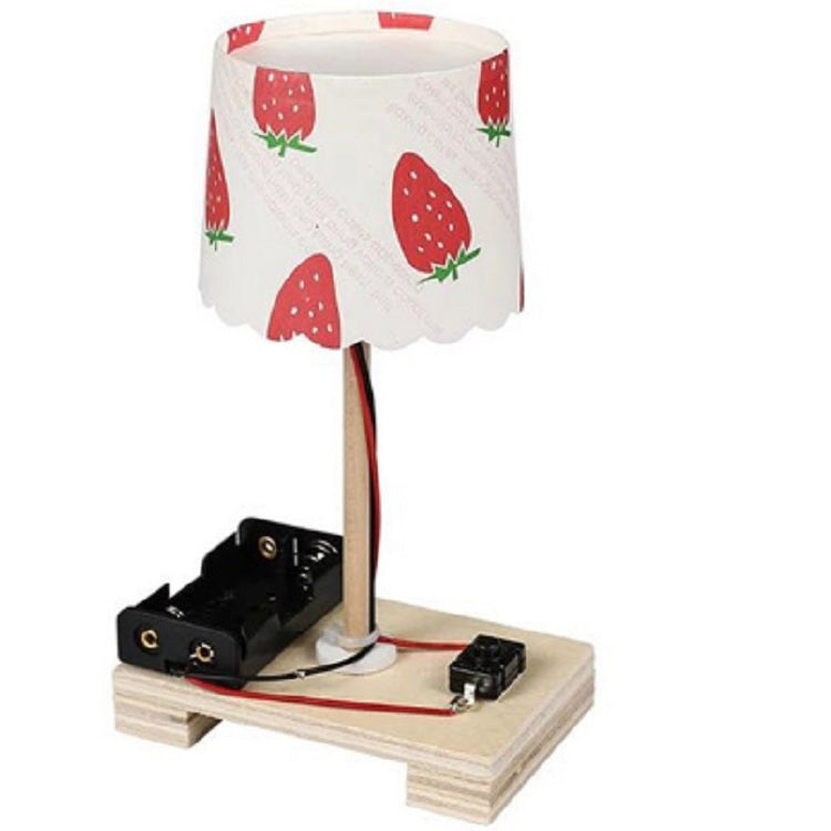 DIY small table lamp with strawberry-pattern shade and wooden base, exposed wiring