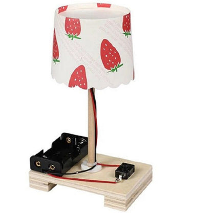 DIY small table lamp with strawberry-pattern shade and wooden base, exposed wiring
