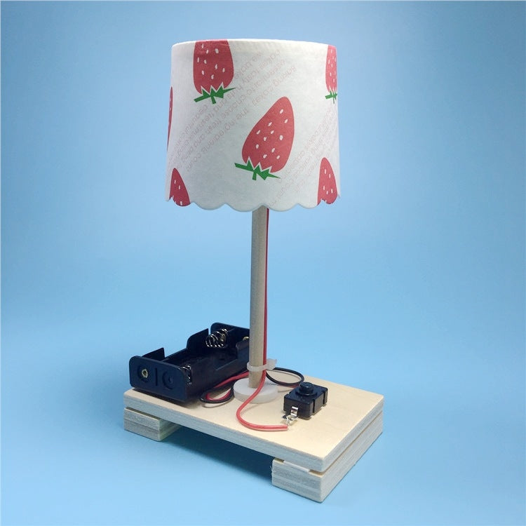 DIY small table lamp kit with strawberry fabric shade on wooden base and battery module
