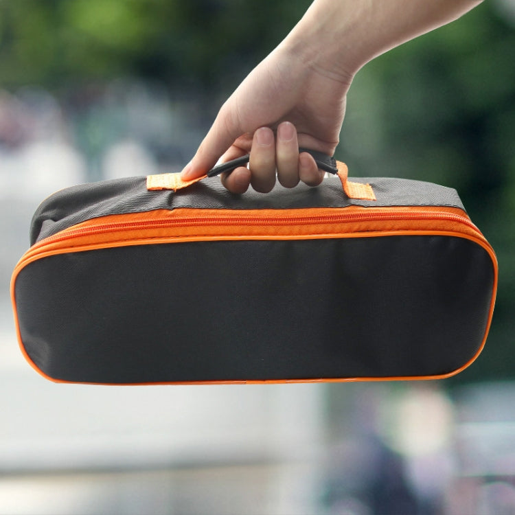 Car emergency tool storage bag, black with orange zipper and carry handle