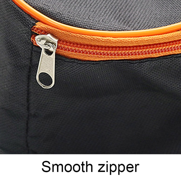 Car emergency tool storage bag zipper detail with orange piping and metal pull