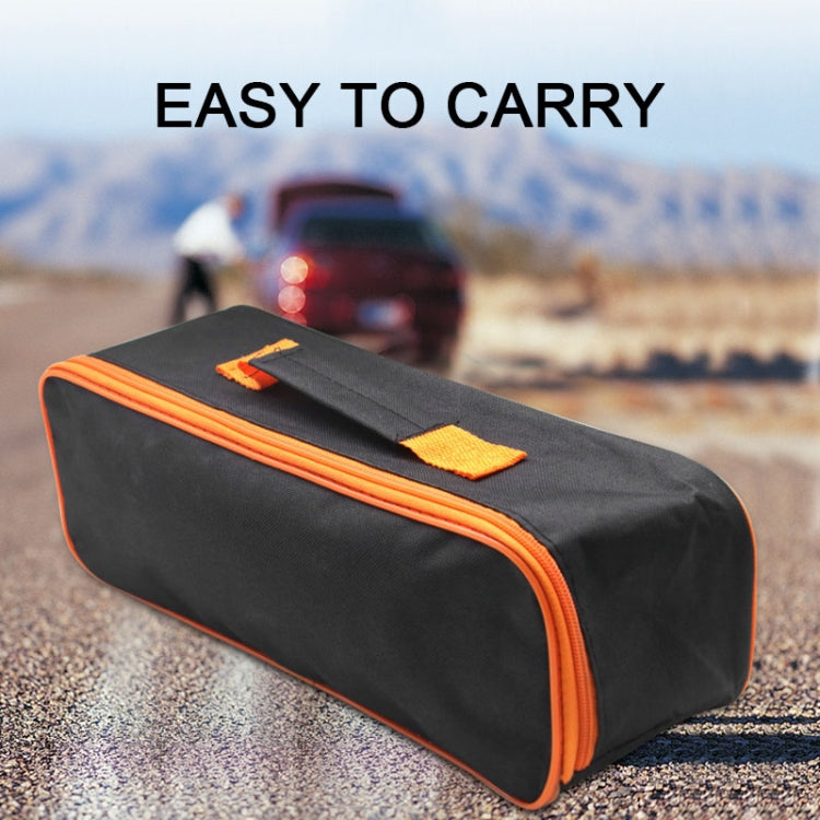 Car emergency tool storage bag with orange-trim zipper and top carry strap