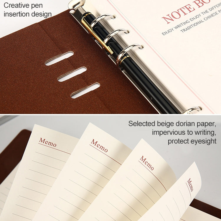 Loose-leaf business notepad inner notebook, brown cover with pen insertion slot and metal rings