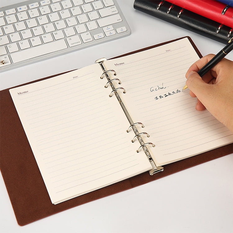 Loose-leaf business notepad inner notebook, open lined pages with metal rings and pen