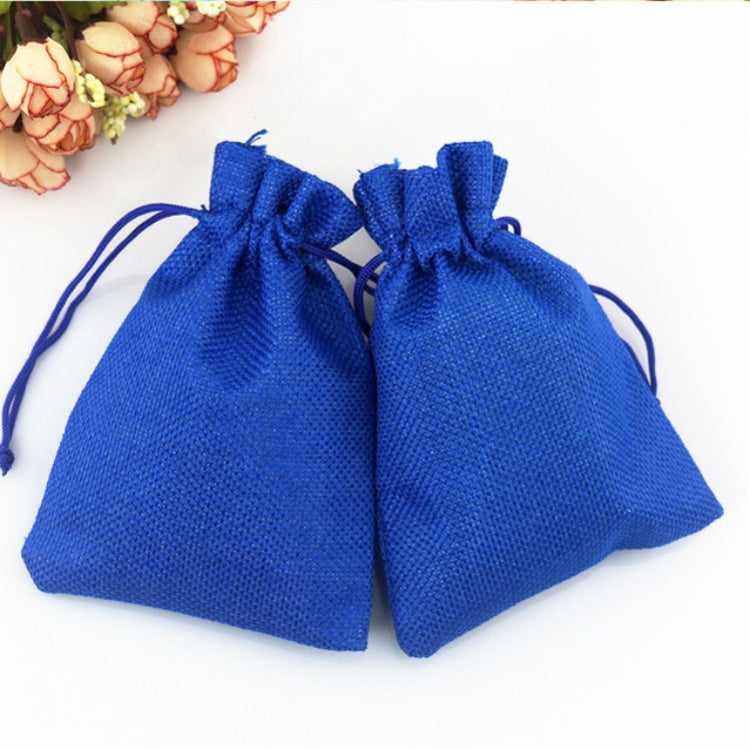 Royal blue linen drawstring gift bag set, two pouches with knotted cords.