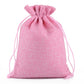 Pink linen drawstring gift bag with gathered top and pink rope drawstring.