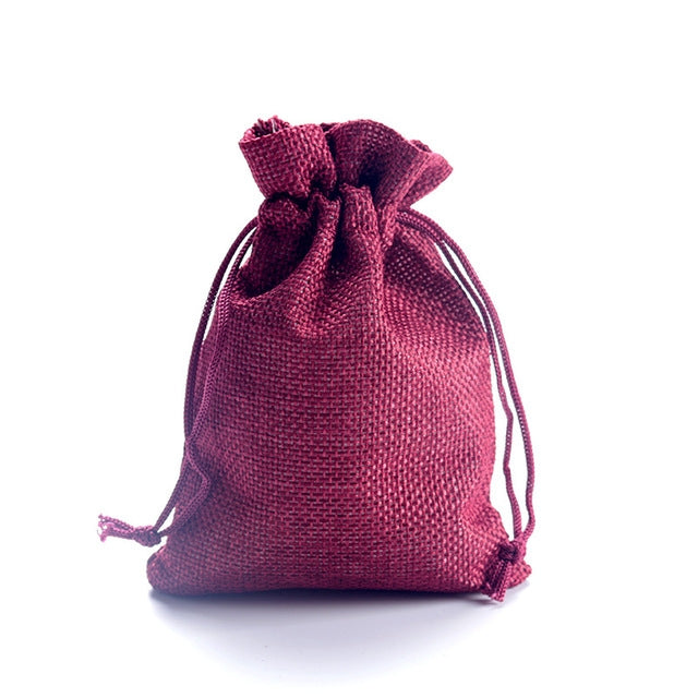 Linen jute drawstring gift bag in wine red, gathered top with long cords