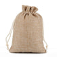Linen jute drawstring gift bag in beige, gathered top with white drawstring cords