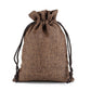 Linen jute drawstring gift bag in dark brown, gathered top with black drawstring cords