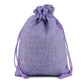 Linen jute drawstring gift bag in lavender, gathered top with purple drawstring cords