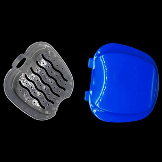 Denture storage cases, blue outer shell with clear tray and gray insert
