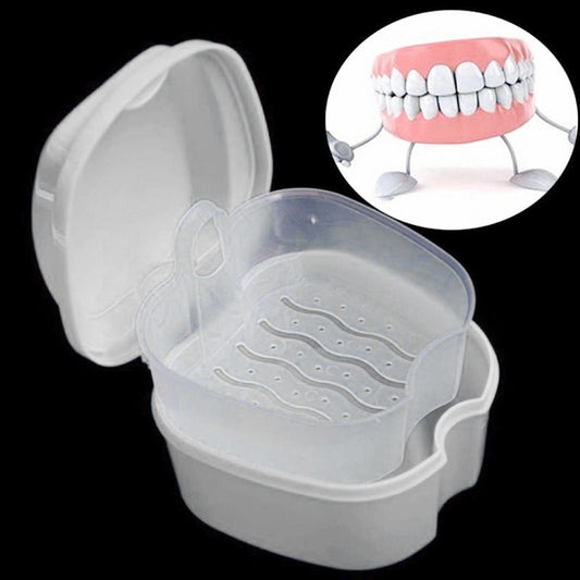 Dental false teeth cleaning storage case, white hinged lid and open base