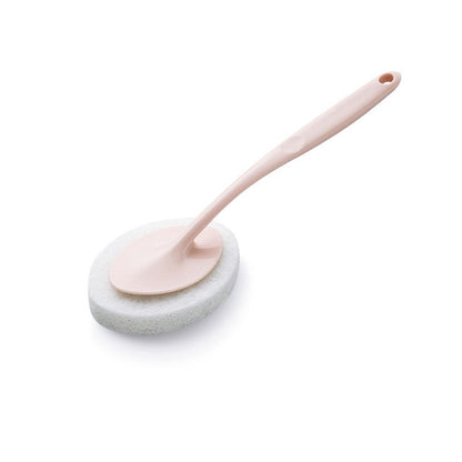 Long-handle cleaning sponge brush with round scrubbing head, light pink base