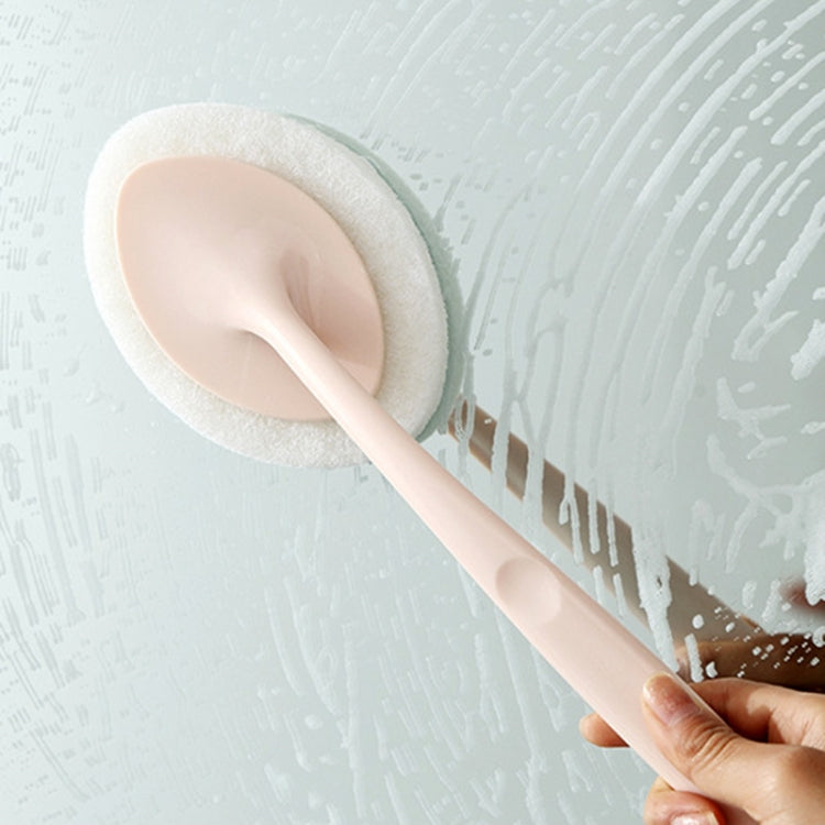 Long-handle cleaning sponge brush with round foam pad, light pink handle scraping