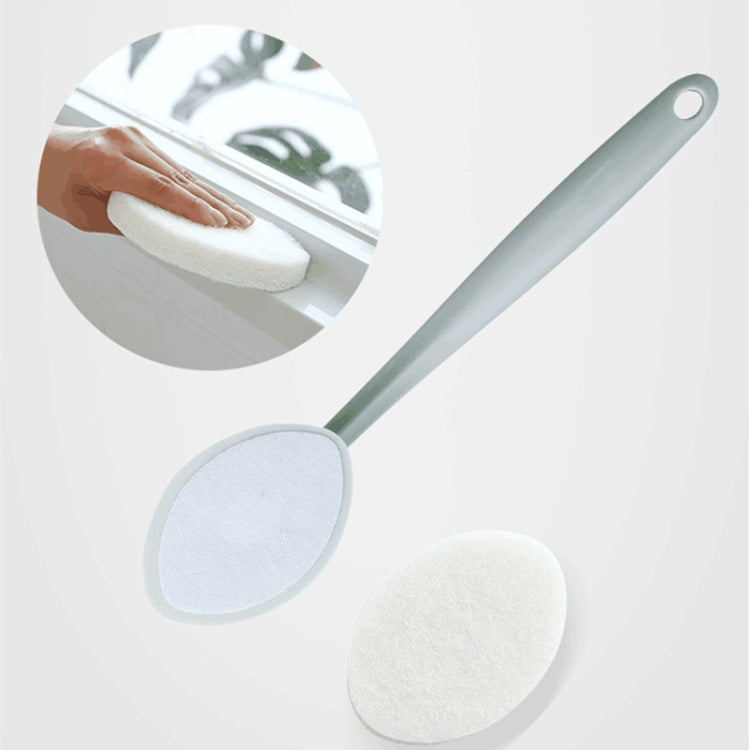 Long-handle cleaning sponge brush with two round pads, light gray-green handle