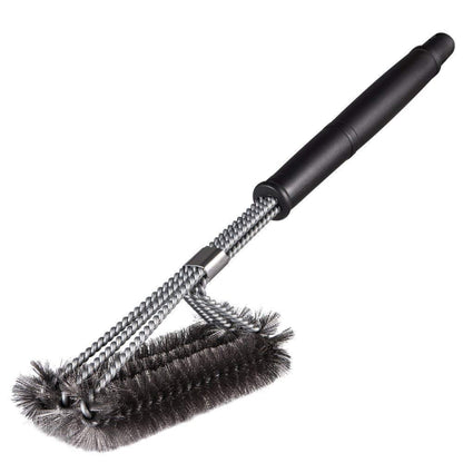 Long barbecue grill cleaning brush with black handle and stiff stainless bristles
