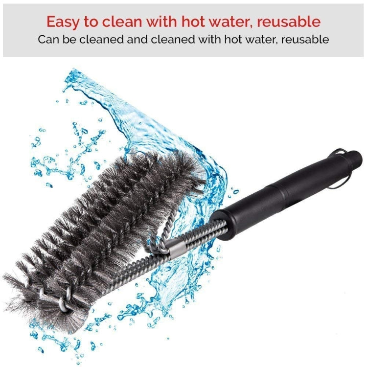 Barbecue grill cleaning brush with black handle and dense steel bristle brush head
