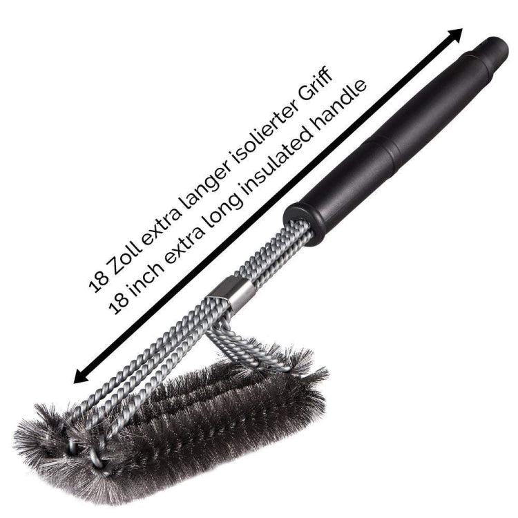 Extra-long barbecue grill brush with black insulated handle and stainless wire bristles