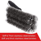 Close-up of thick stainless steel bristles on a long grill cleaning brush