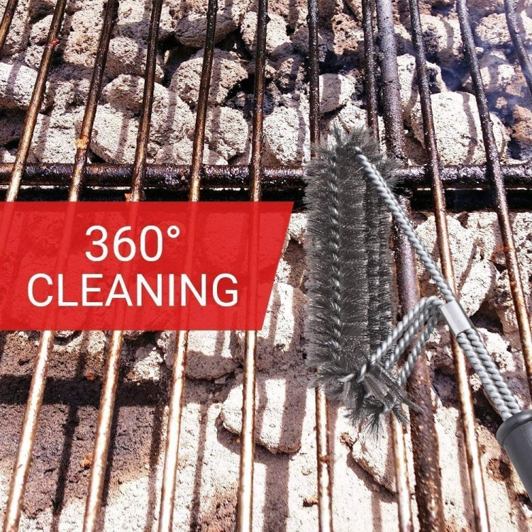 Grill cleaning brush scrubbing metal grates with long stainless wire bristles