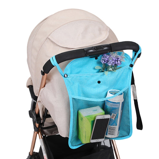 Baby stroller net storage bag with blue mesh front pockets and accessory compartments