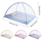 Children’s baby dome mosquito net, mesh canopy with pastel patterned mat and frame sizes shown